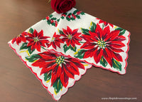Vintage Red Poinsettia and Holly Berry Wreath Christmas Handkerchief