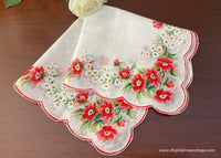 Vintage Red Anemone White Daisies Handkerchief