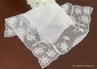 Vintage Net Lace Bridal Handkerchief with Daisy Embroidery