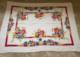 Vintage Red Blue Yellow Daisies and Roses Tablecloth - The Pink Rose Cottage 