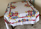 Vintage Red Blue Yellow Daisies and Roses Tablecloth - The Pink Rose Cottage 