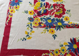 Vintage Red Blue Yellow Daisies and Roses Tablecloth - The Pink Rose Cottage 