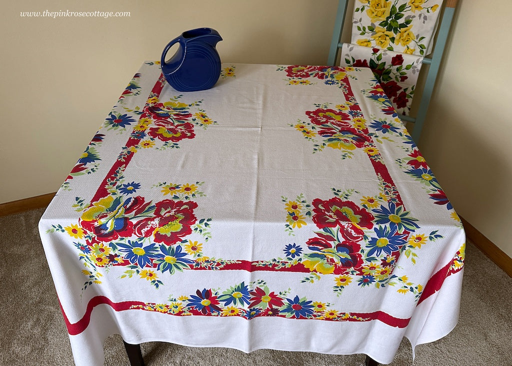 Vintage Red Blue Yellow Daisies and Roses Tablecloth - The Pink Rose Cottage 