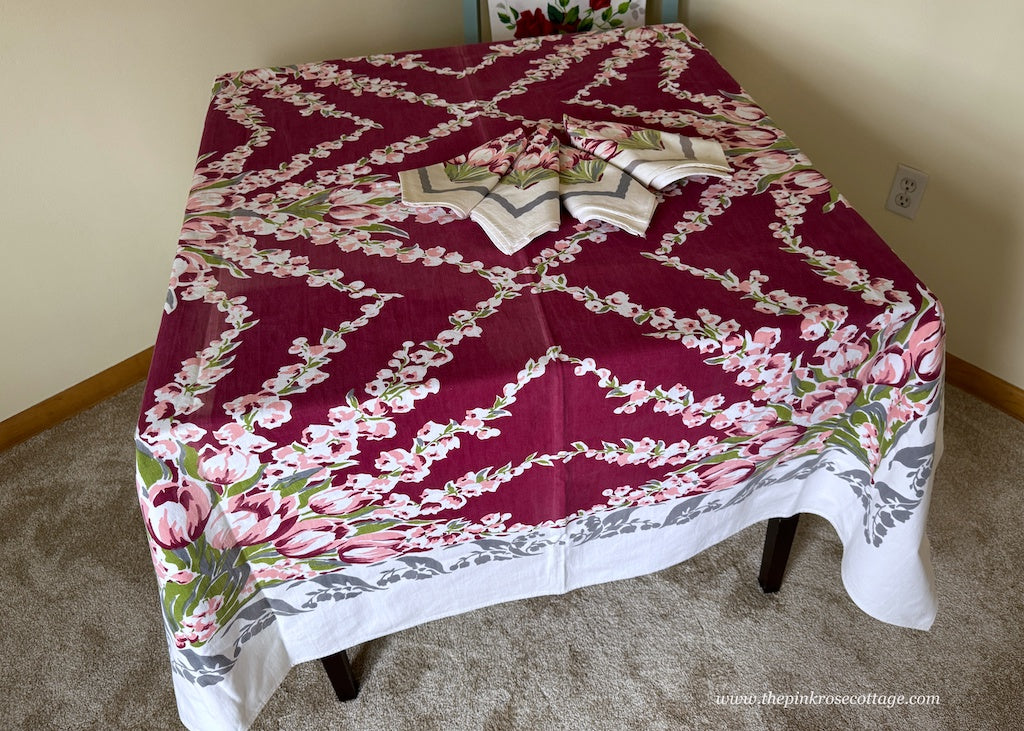 Vintage Pink Tulips and Foxglove Maroon Tablecloth and Napkin Set - The Pink Rose Cottage 