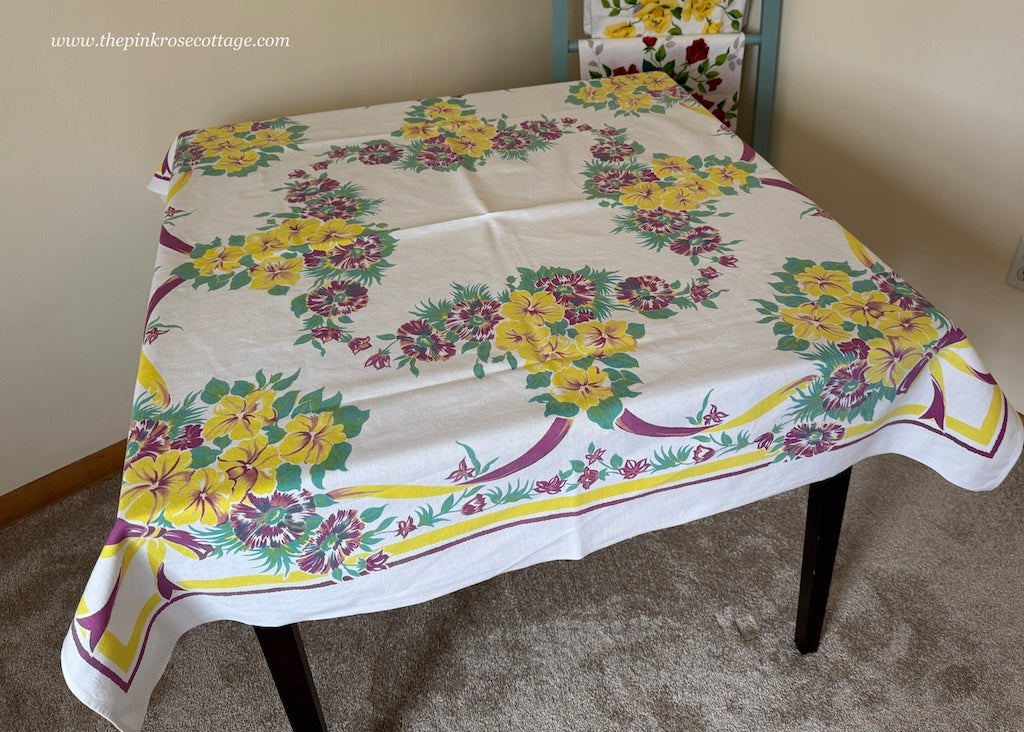 Vintage Maroon Yellow Petunias with Bows Tablecloth - The Pink Rose Cottage 