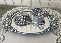Vintage Florenza Tray Hand Mirror Trinket Box Blue Vanity Set