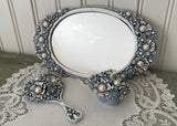 Vintage Florenza Tray Hand Mirror Trinket Box Blue Vanity Set
