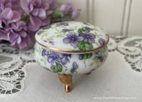 Vintage Lefton Purple Violets Chintz Vanity Ring Oval Trinket Box