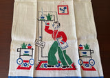 Vintage Unused Linen Broderie Waiter Tea Towel Blue - The Pink Rose Cottage 