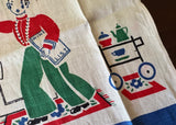 Vintage Unused Linen Broderie Waiter Tea Towel Blue - The Pink Rose Cottage 