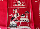 Vintage Unused Linen Tea Towel Whimsical Lady and Tea Set - The Pink Rose Cottage 