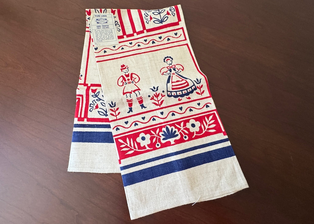 MWT Red White and Blue Broderie Tea Towel People and Flowers - The Pink Rose Cottage 