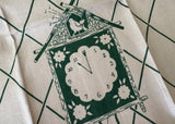 Unused Vintage Green and White Tea Towel Cuckoo Clock and Kitchen Plates - The Pink Rose Cottage 