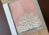 Pair of Unused Vintage Linen and Lace Guest Hand Towels Peach and Blue