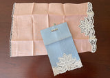 Pair of Unused Vintage Linen and Lace Guest Hand Towels Peach and Blue