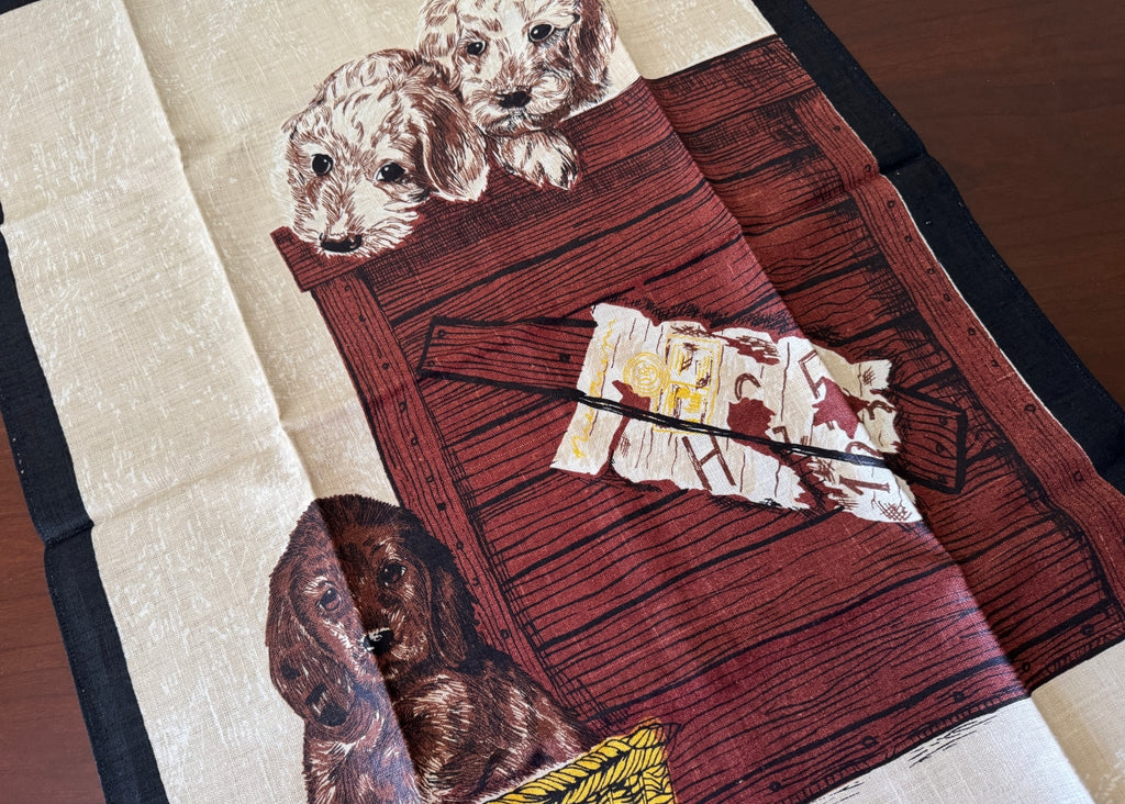 Vintage Linen Paris Prints Puppies in a Box Tea Towel - The Pink Rose Cottage 
