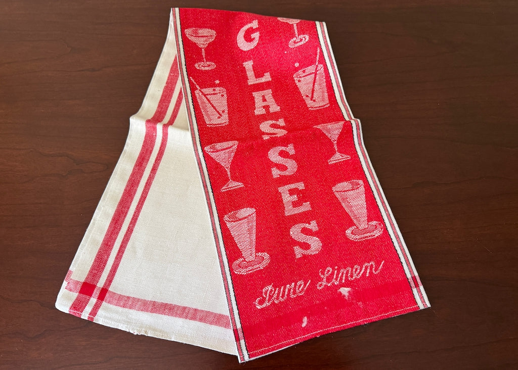 Vintage Red and White Linen Damask Tea Towel China Glasses - The Pink Rose Cottage 