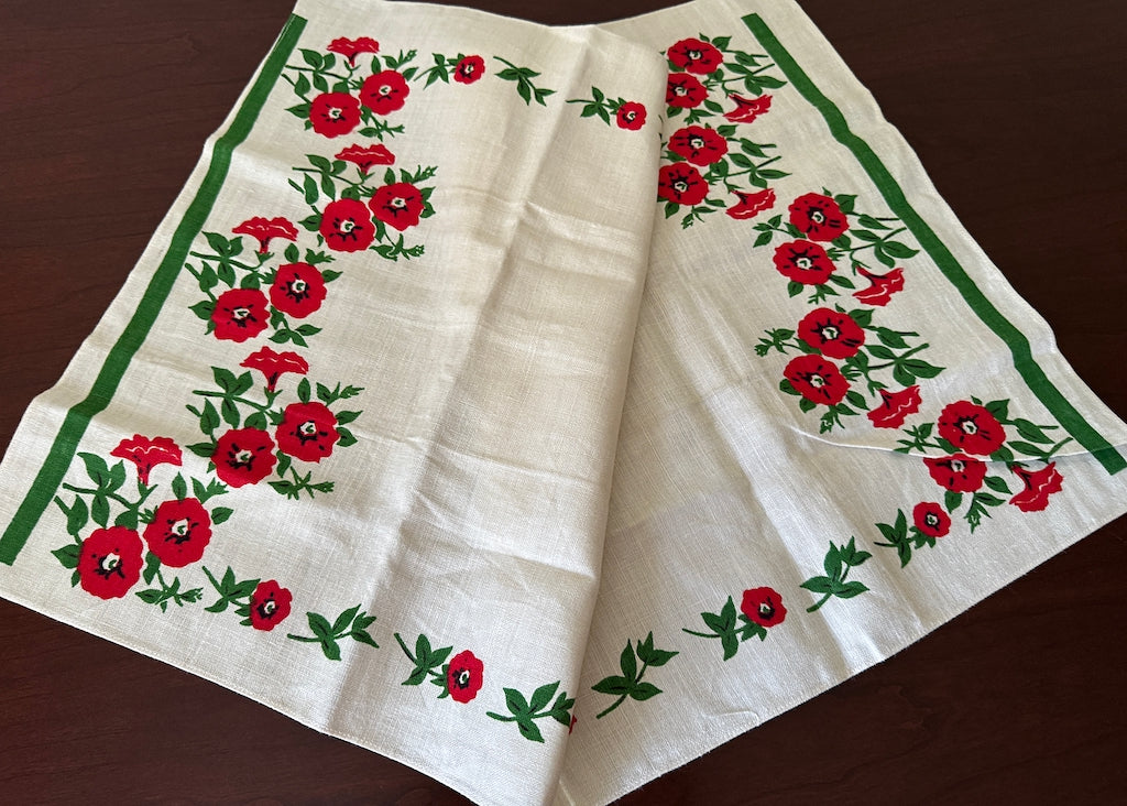 Unused Vintage Linen Tea Towel with Red Petunias - The Pink Rose Cottage 