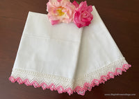 Vintage Unused Pillowcases with Hand Crocheted White and Pink Lace