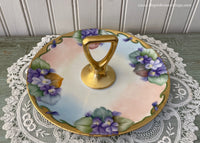 Vintage Hand Painted Violets Handled Tidbit Sweets Serving Dish