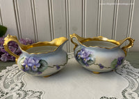 Vintage Hand Painted Purple Cottage Violets Sugar and Creamer Set