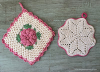 Two Vintage Crocheted Pot Holders White and Pink Irish Rose