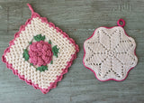 Two Vintage Crocheted Pot Holders White and Pink Irish Rose