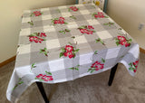 Vintage Wilendur Dogwood Tablecloth Red Blossoms on Gray