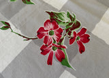 Vintage Wilendur Dogwood Tablecloth Red Blossoms on Gray