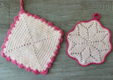 Two Vintage Crocheted Pot Holders White and Pink Irish Rose