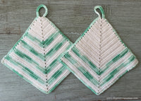 Pair of Vintage Hand Crocheted Green and White Pot Holders