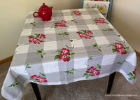 Vintage Wilendur Dogwood Tablecloth Red Blossoms on Gray