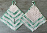 Pair of Vintage Hand Crocheted Green and White Pot Holders