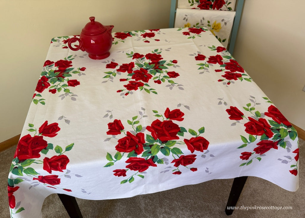 Vintage Bright Red Royal Rose Wilendur Tablecloth - The Pink Rose Cottage 