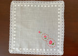 Vintage Embroidered Pink Rosebud Handkerchief with Lace Trim
