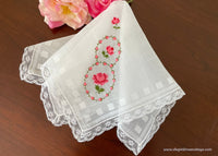 Vintage Embroidered Pink Rosebud Handkerchief with Lace Trim