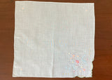 Vintage Embroidered Appliqué Pink Daisy Blue Ribbon Handkerchief