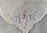 Vintage Embroidered Appliqué Pink Daisy Blue Ribbon Handkerchief