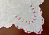 Vintage Embroidered Pink and Purple Rosebuds Handkerchief