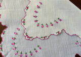 Vintage Embroidered Pink and Purple Rosebuds Handkerchief