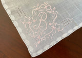 Vintage Monogrammed B Embroidered Pink Floral Handkerchief