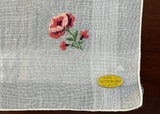 Tagged Vintage Petite Point Embroidered Pink Rose Blue Forget Me Not Handkerchief