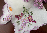 MWT Vintage Sheer Handkerchief with Embroidered Lilac Blossoms