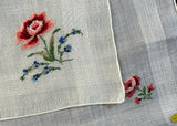 Tagged Vintage Petite Point Embroidered Pink Rose Blue Forget Me Not Handkerchief