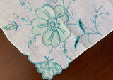 Vintage Madeira Applique Embroidered Teal Blue Rose Handkerchief