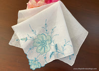 Vintage Madeira Applique Embroidered Teal Blue Rose Handkerchief