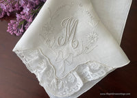 Vintage Embroidered Madeira Monogram M Linen and Lace Handkerchief