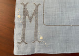 Vintage Blue Monogrammed Cutwork M Daisies and Love Knots Linen Handkerchief
