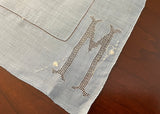 Vintage Blue Monogrammed Cutwork M Daisies and Love Knots Linen Handkerchief