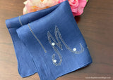 Vintage Navy Blue Cutwork Monogrammed M Linen Handkerchief